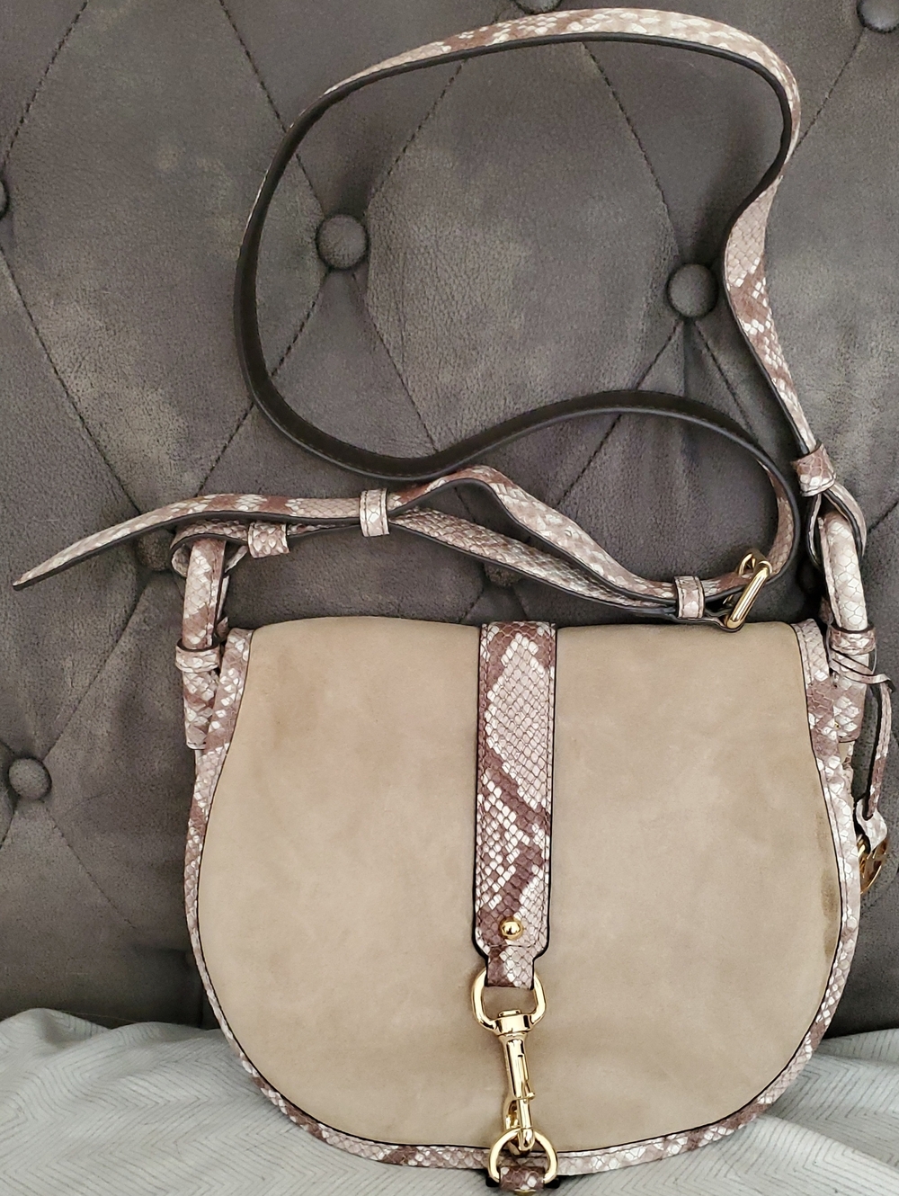 Rare NWT Michael Kors Jamie Large Suede Saddle Bag Dark Khaki Snake Print